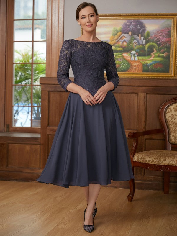 Claire A-Line/Princess Chiffon Lace Scoop 3/4 Sleeves Tea-Length Mother of the Bride Dresses SWKP0020347