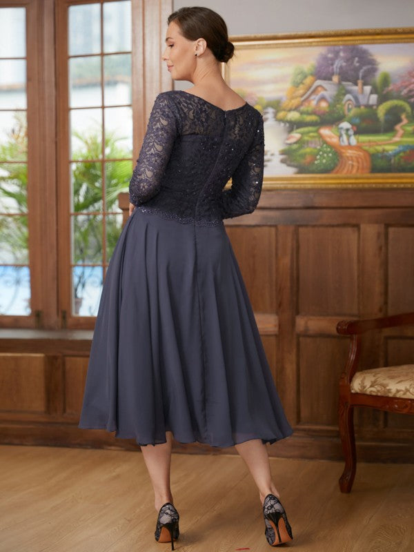 Claire A-Line/Princess Chiffon Lace Scoop 3/4 Sleeves Tea-Length Mother of the Bride Dresses SWKP0020347