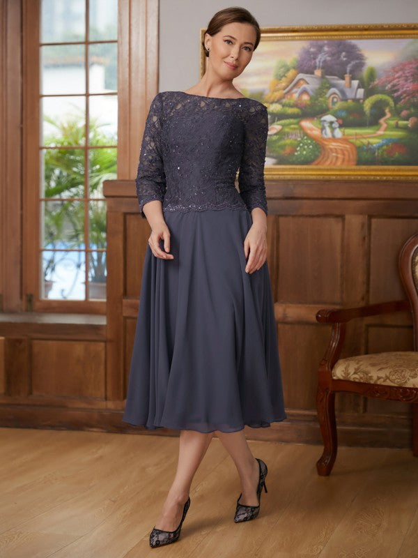 Claire A-Line/Princess Chiffon Lace Scoop 3/4 Sleeves Tea-Length Mother of the Bride Dresses SWKP0020347