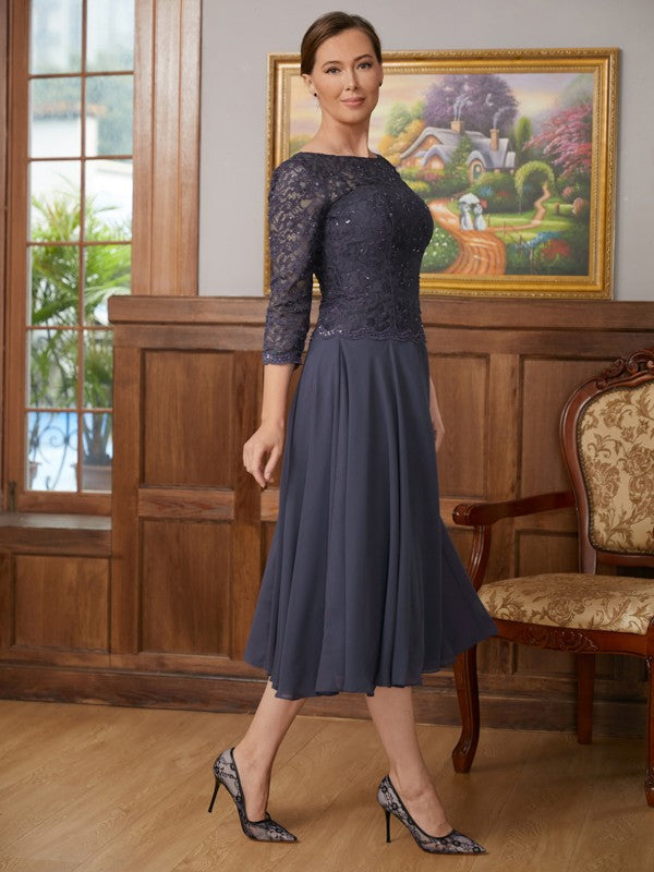 Claire A-Line/Princess Chiffon Lace Scoop 3/4 Sleeves Tea-Length Mother of the Bride Dresses SWKP0020347