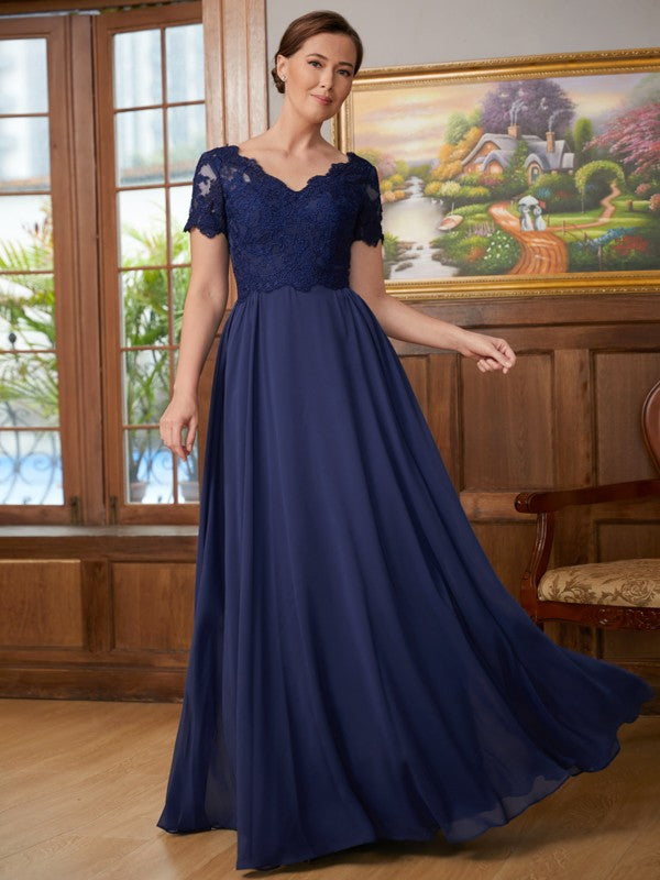 Valentina A-Line/Princess Chiffon Lace V-neck Short Sleeves Floor-Length Mother of the Bride Dresses SWKP0020311