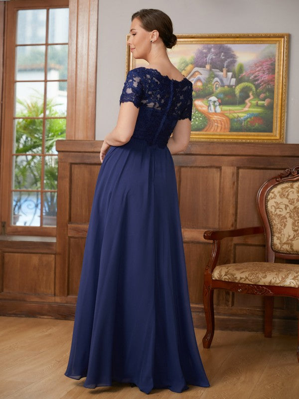 Valentina A-Line/Princess Chiffon Lace V-neck Short Sleeves Floor-Length Mother of the Bride Dresses SWKP0020311