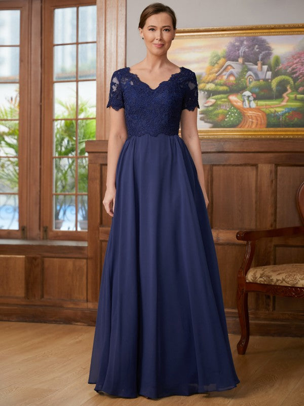 Valentina A-Line/Princess Chiffon Lace V-neck Short Sleeves Floor-Length Mother of the Bride Dresses SWKP0020311