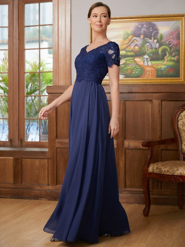 Valentina A-Line/Princess Chiffon Lace V-neck Short Sleeves Floor-Length Mother of the Bride Dresses SWKP0020311