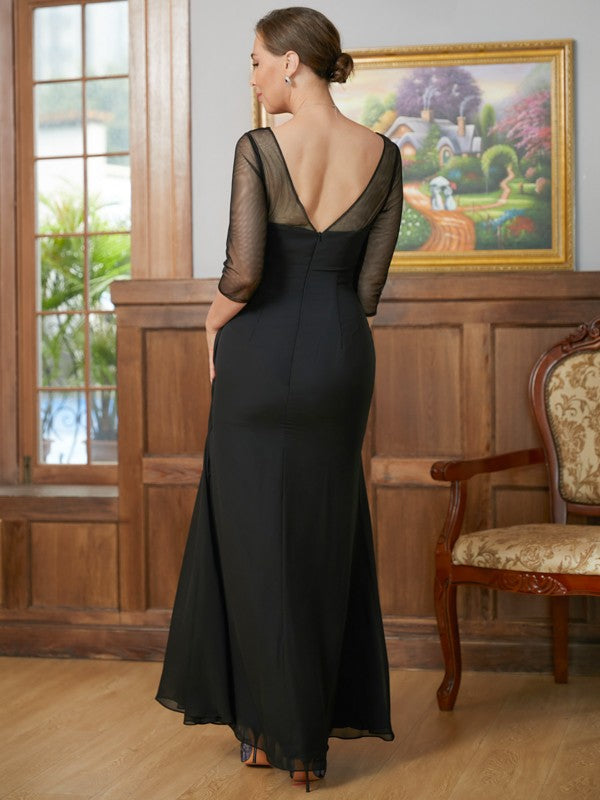 Lydia A-Line/Princess Chiffon Ruched Scoop 3/4 Sleeves Floor-Length Mother of the Bride Dresses SWKP0020336