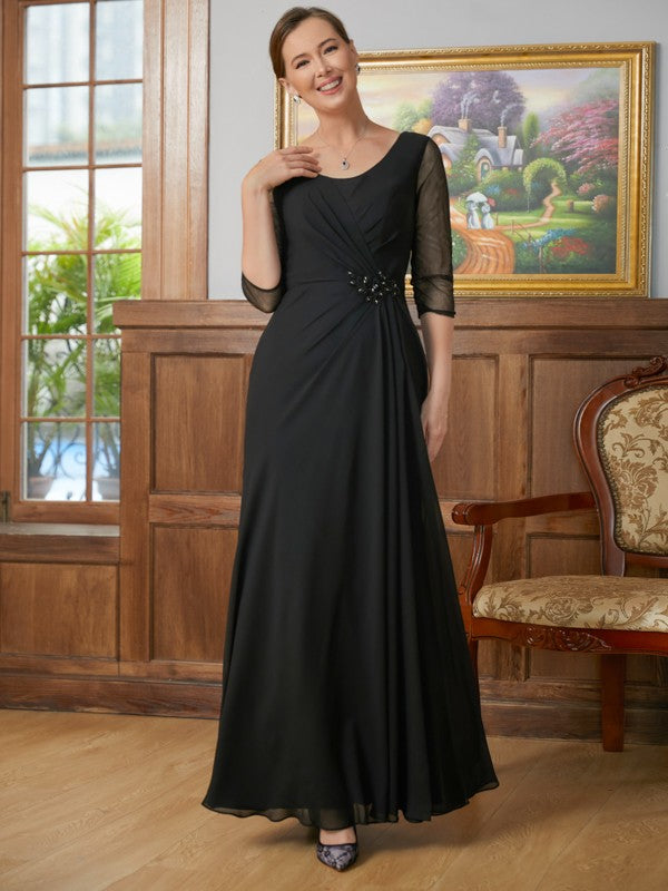 Lydia A-Line/Princess Chiffon Ruched Scoop 3/4 Sleeves Floor-Length Mother of the Bride Dresses SWKP0020336