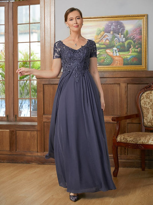 Penelope A-Line/Princess Chiffon Applique V-neck Short Sleeves Floor-Length Mother of the Bride Dresses SWKP0020337