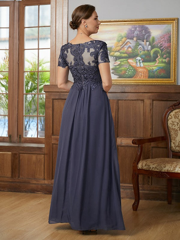 Penelope A-Line/Princess Chiffon Applique V-neck Short Sleeves Floor-Length Mother of the Bride Dresses SWKP0020337