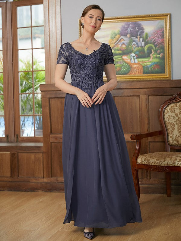 Penelope A-Line/Princess Chiffon Applique V-neck Short Sleeves Floor-Length Mother of the Bride Dresses SWKP0020337