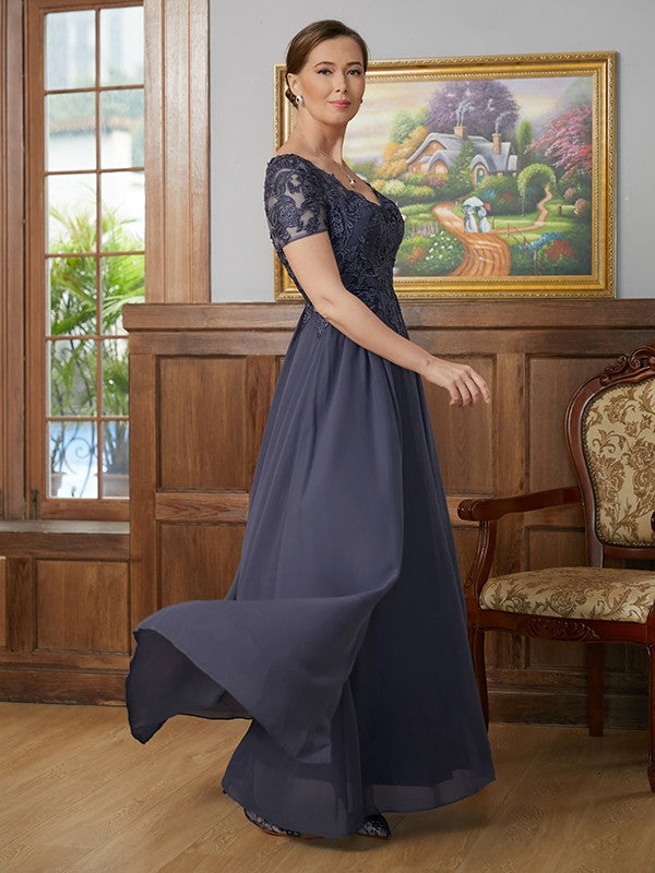 Penelope A-Line/Princess Chiffon Applique V-neck Short Sleeves Floor-Length Mother of the Bride Dresses SWKP0020337