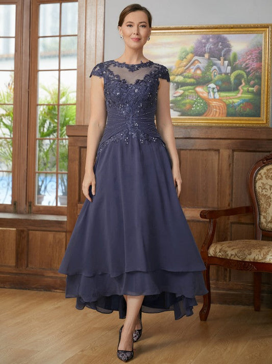 Laila A-Line/Princess Chiffon Applique Scoop Short Sleeves Asymmetrical Mother of the Bride Dresses SWKP0020307