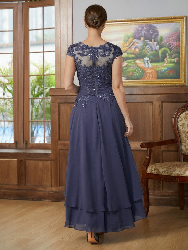 Laila A-Line/Princess Chiffon Applique Scoop Short Sleeves Asymmetrical Mother of the Bride Dresses SWKP0020307