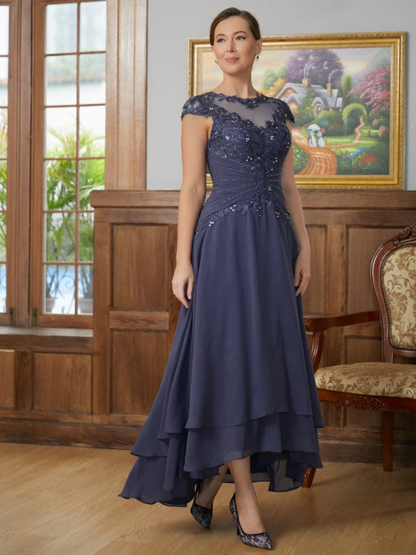 Laila A-Line/Princess Chiffon Applique Scoop Short Sleeves Asymmetrical Mother of the Bride Dresses SWKP0020307