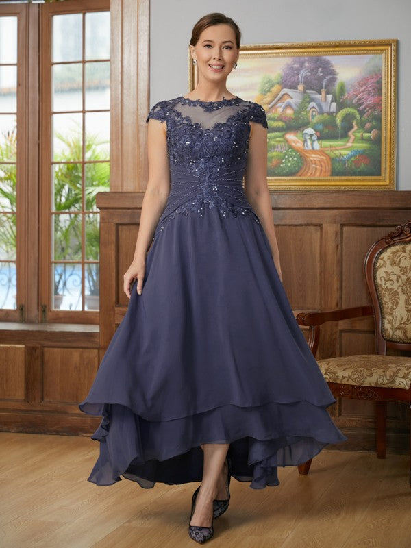 Laila A-Line/Princess Chiffon Applique Scoop Short Sleeves Asymmetrical Mother of the Bride Dresses SWKP0020307