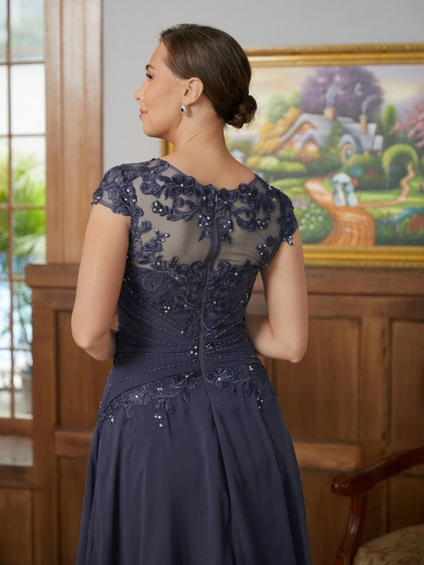 Laila A-Line/Princess Chiffon Applique Scoop Short Sleeves Asymmetrical Mother of the Bride Dresses SWKP0020307