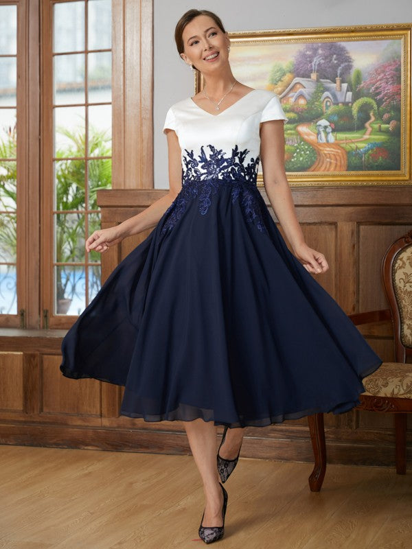 Gwendoline A-Line/Princess Chiffon Applique V-neck Short Sleeves Tea-Length Mother of the Bride Dresses SWKP0020349