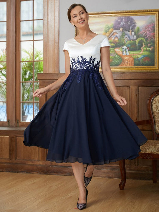 Gwendoline A-Line/Princess Chiffon Applique V-neck Short Sleeves Tea-Length Mother of the Bride Dresses SWKP0020349