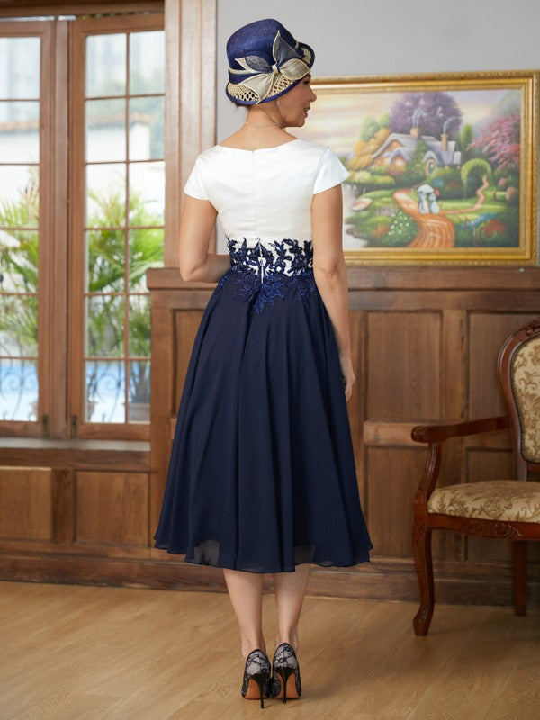 Gwendoline A-Line/Princess Chiffon Applique V-neck Short Sleeves Tea-Length Mother of the Bride Dresses SWKP0020349