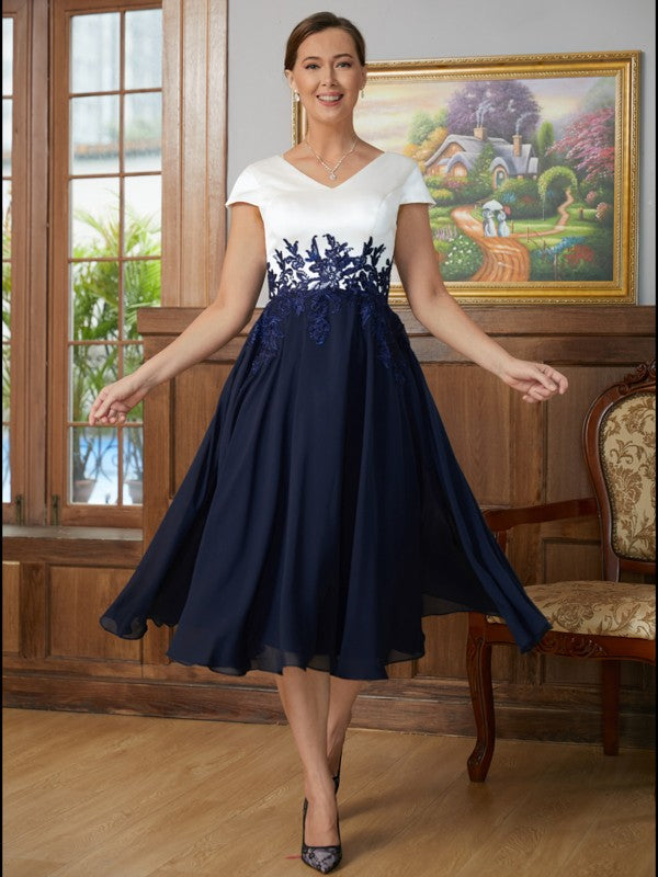 Gwendoline A-Line/Princess Chiffon Applique V-neck Short Sleeves Tea-Length Mother of the Bride Dresses SWKP0020349