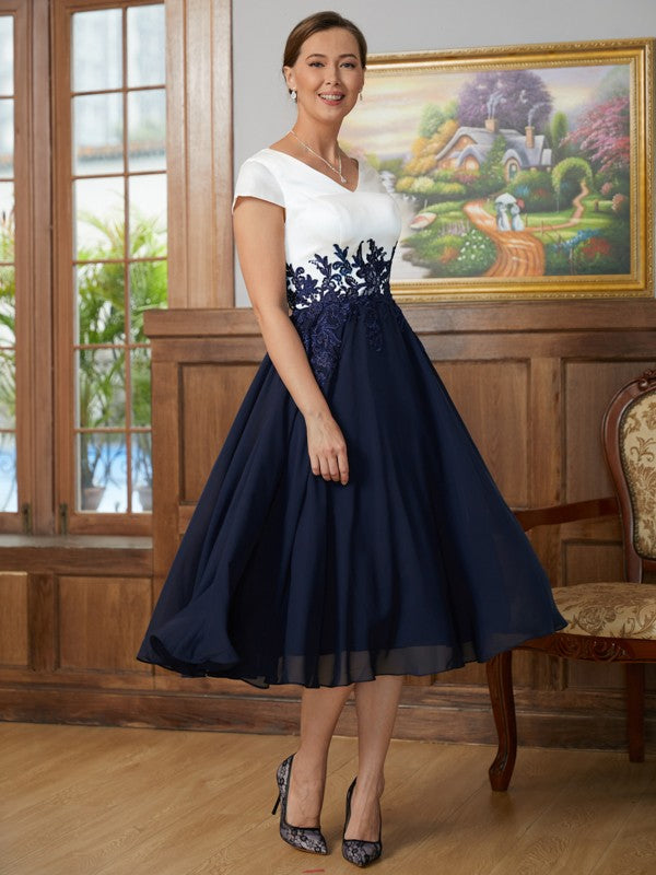 Gwendoline A-Line/Princess Chiffon Applique V-neck Short Sleeves Tea-Length Mother of the Bride Dresses SWKP0020349