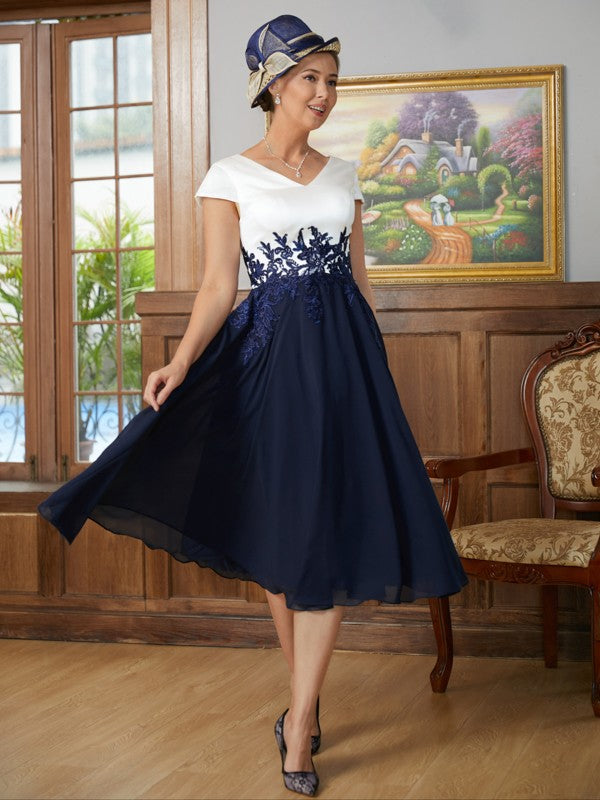 Gwendoline A-Line/Princess Chiffon Applique V-neck Short Sleeves Tea-Length Mother of the Bride Dresses SWKP0020349