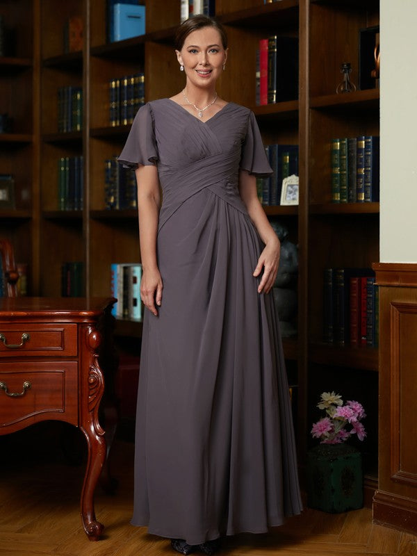 Amya A-Line/Princess Chiffon Ruched V-neck Short Sleeves Floor-Length Mother of the Bride Dresses SWKP0020304