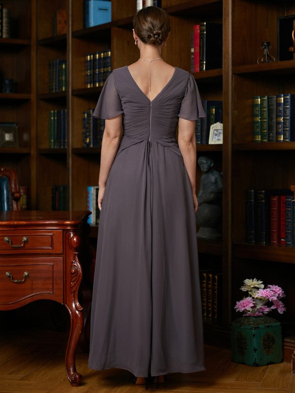 Amya A-Line/Princess Chiffon Ruched V-neck Short Sleeves Floor-Length Mother of the Bride Dresses SWKP0020304