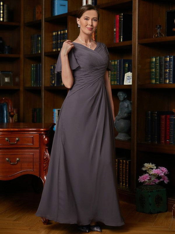 Amya A-Line/Princess Chiffon Ruched V-neck Short Sleeves Floor-Length Mother of the Bride Dresses SWKP0020304