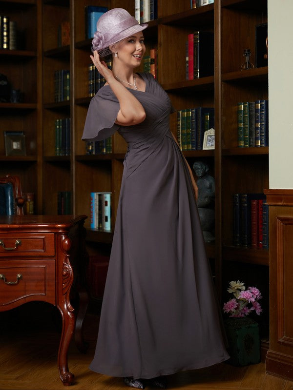 Amya A-Line/Princess Chiffon Ruched V-neck Short Sleeves Floor-Length Mother of the Bride Dresses SWKP0020304