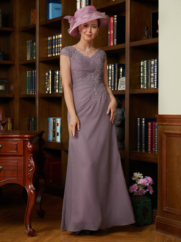 Zoe Sheath/Column Chiffon Lace V-neck Short Sleeves Floor-Length Mother of the Bride Dresses SWKP0020339