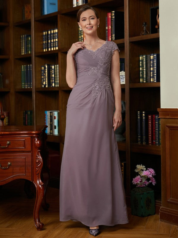 Zoe Sheath/Column Chiffon Lace V-neck Short Sleeves Floor-Length Mother of the Bride Dresses SWKP0020339