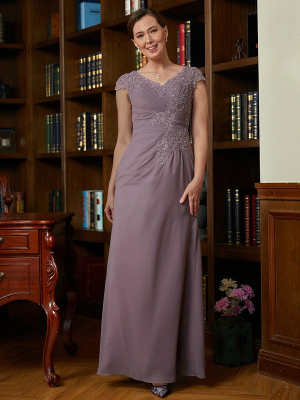 Zoe Sheath/Column Chiffon Lace V-neck Short Sleeves Floor-Length Mother of the Bride Dresses SWKP0020339