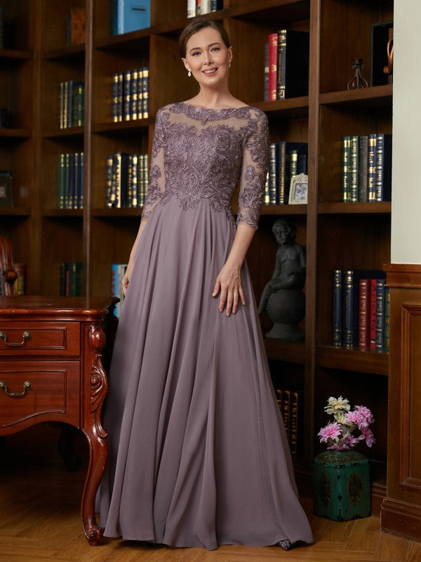 Ava A-Line/Princess Chiffon Lace Scoop 3/4 Sleeves Floor-Length Mother of the Bride Dresses SWKP0020301