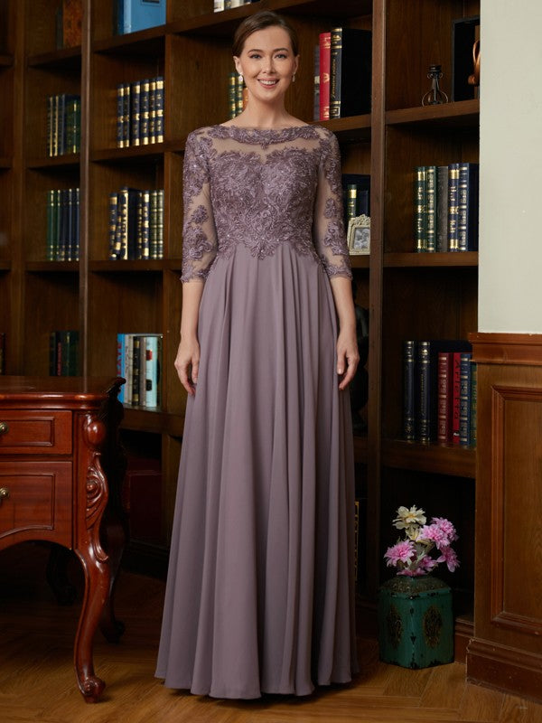 Ava A-Line/Princess Chiffon Lace Scoop 3/4 Sleeves Floor-Length Mother of the Bride Dresses SWKP0020301