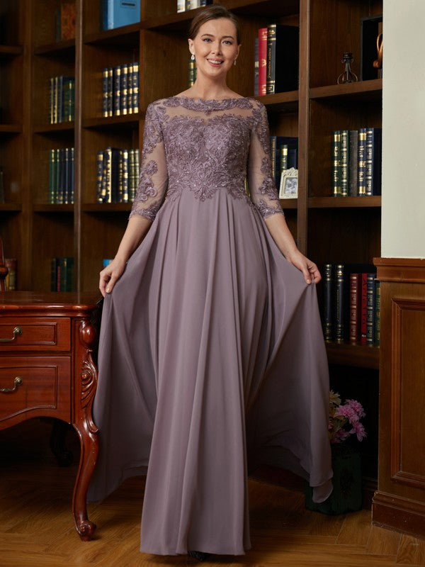 Ava A-Line/Princess Chiffon Lace Scoop 3/4 Sleeves Floor-Length Mother of the Bride Dresses SWKP0020301