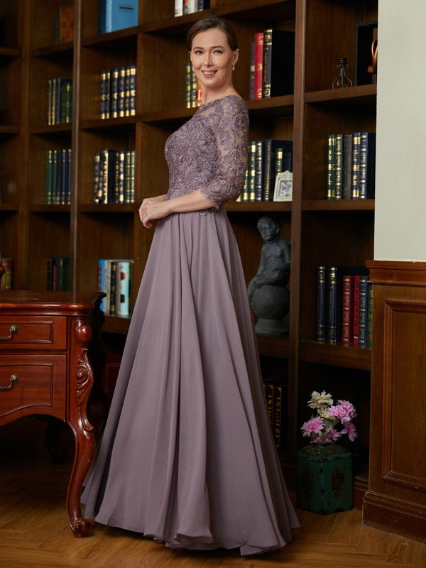 Ava A-Line/Princess Chiffon Lace Scoop 3/4 Sleeves Floor-Length Mother of the Bride Dresses SWKP0020301