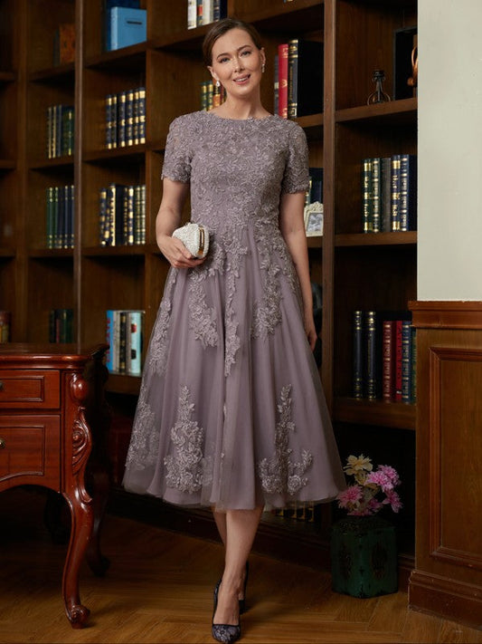 Catalina A-Line/Princess Chiffon Lace Scoop Short Sleeves Tea-Length Mother of the Bride Dresses SWKP0020302