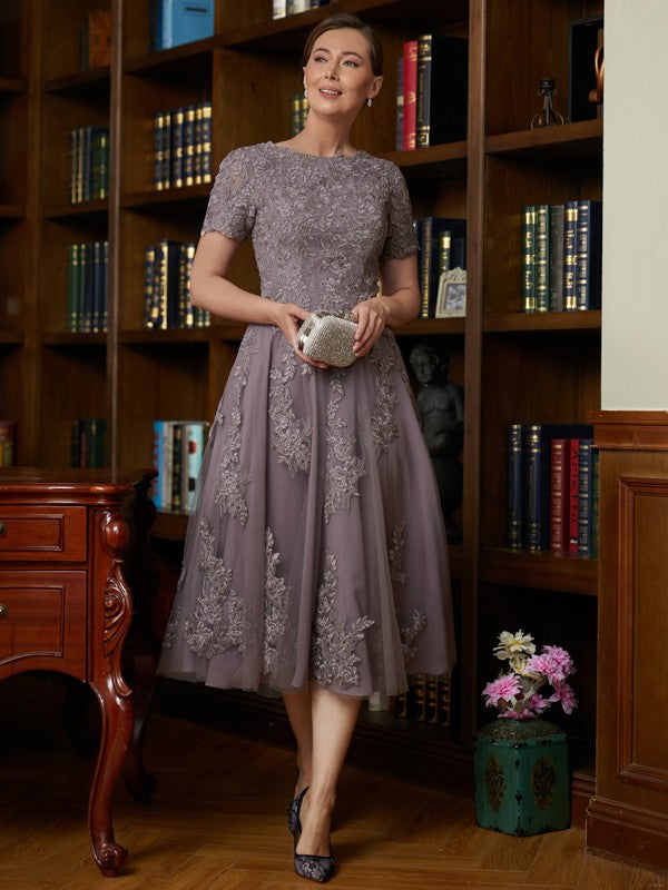 Catalina A-Line/Princess Chiffon Lace Scoop Short Sleeves Tea-Length Mother of the Bride Dresses SWKP0020302