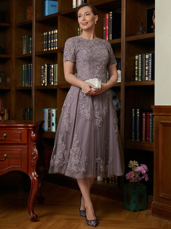 Catalina A-Line/Princess Chiffon Lace Scoop Short Sleeves Tea-Length Mother of the Bride Dresses SWKP0020302