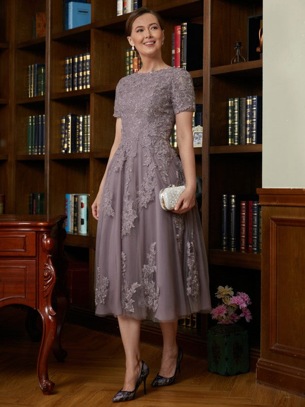 Catalina A-Line/Princess Chiffon Lace Scoop Short Sleeves Tea-Length Mother of the Bride Dresses SWKP0020302