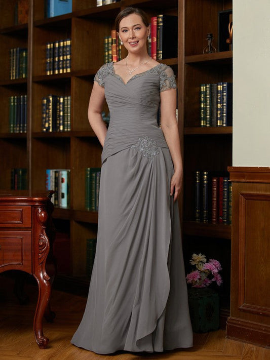 Evelin A-Line/Princess Chiffon Applique Sweetheart Short Sleeves Floor-Length Mother of the Bride Dresses SWKP0020328