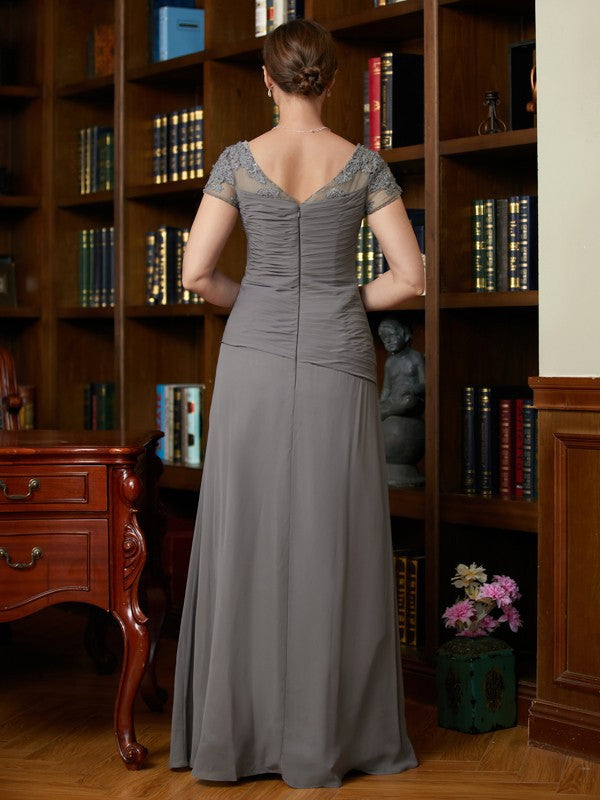 Evelin A-Line/Princess Chiffon Applique Sweetheart Short Sleeves Floor-Length Mother of the Bride Dresses SWKP0020328