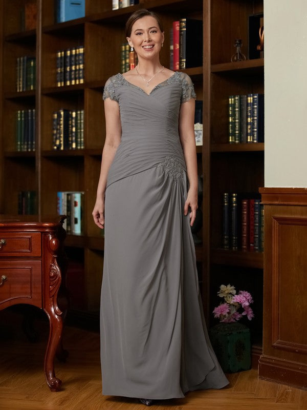 Evelin A-Line/Princess Chiffon Applique Sweetheart Short Sleeves Floor-Length Mother of the Bride Dresses SWKP0020328