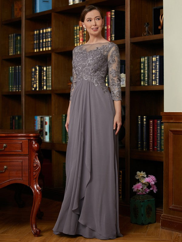 Penelope A-Line/Princess Chiffon Lace Scoop 3/4 Sleeves Floor-Length Mother of the Bride Dresses SWKP0020341