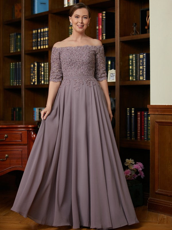 Bella A-Line/Princess Chiffon Applique Off-the-Shoulder 3/4 Sleeves Floor-Length Mother of the Bride Dresses SWKP0020308