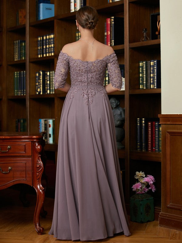 Bella A-Line/Princess Chiffon Applique Off-the-Shoulder 3/4 Sleeves Floor-Length Mother of the Bride Dresses SWKP0020308