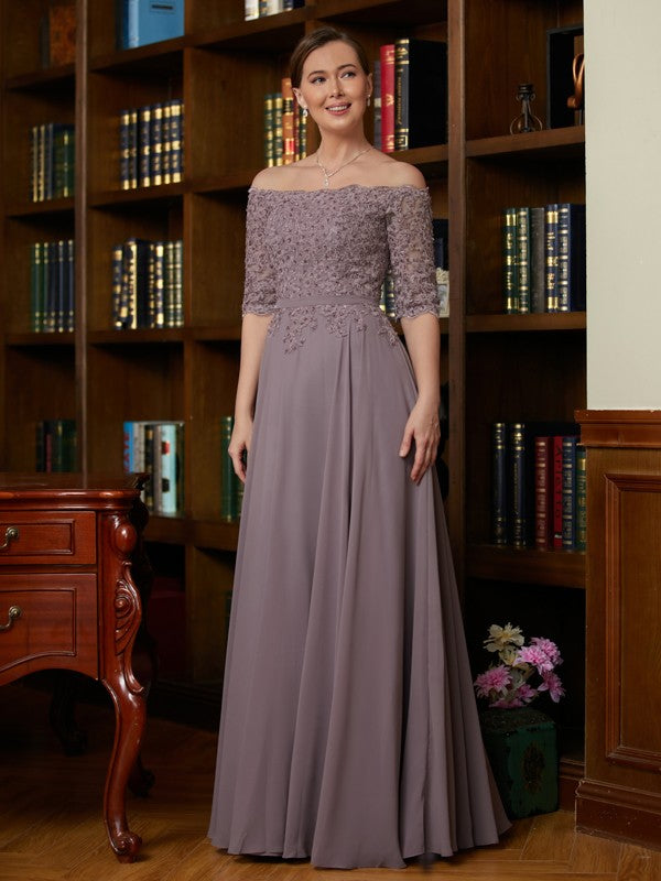 Bella A-Line/Princess Chiffon Applique Off-the-Shoulder 3/4 Sleeves Floor-Length Mother of the Bride Dresses SWKP0020308