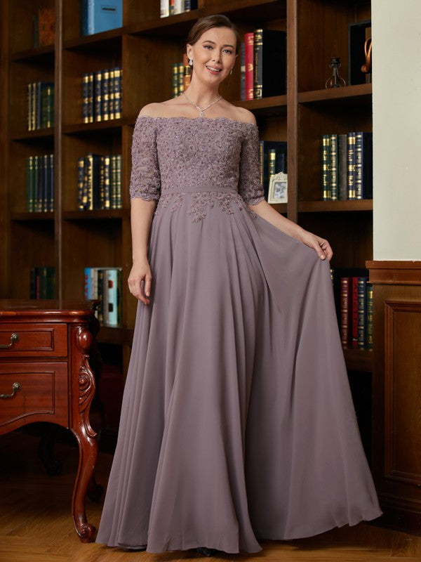 Bella A-Line/Princess Chiffon Applique Off-the-Shoulder 3/4 Sleeves Floor-Length Mother of the Bride Dresses SWKP0020308