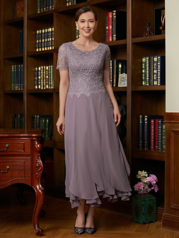 Kailey A-Line/Princess Chiffon Lace Scoop Short Sleeves Ankle-Length Mother of the Bride Dresses SWKP0020353