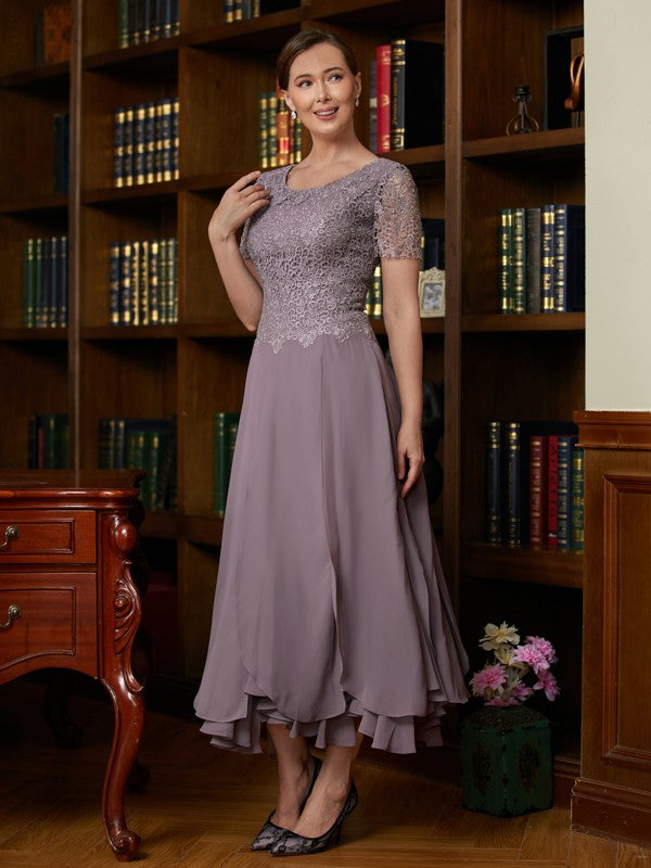 Kailey A-Line/Princess Chiffon Lace Scoop Short Sleeves Ankle-Length Mother of the Bride Dresses SWKP0020353